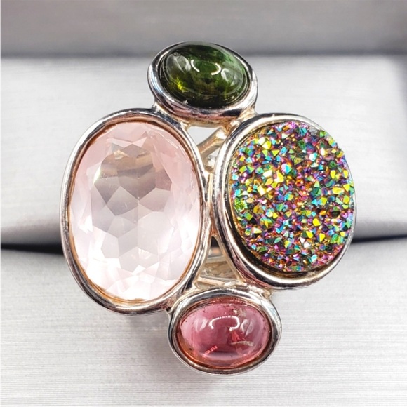 Jewelry - 925 Sterling Silver Pink & Green Tourmaline - Pink & Druzy Quartz Statement Ring
